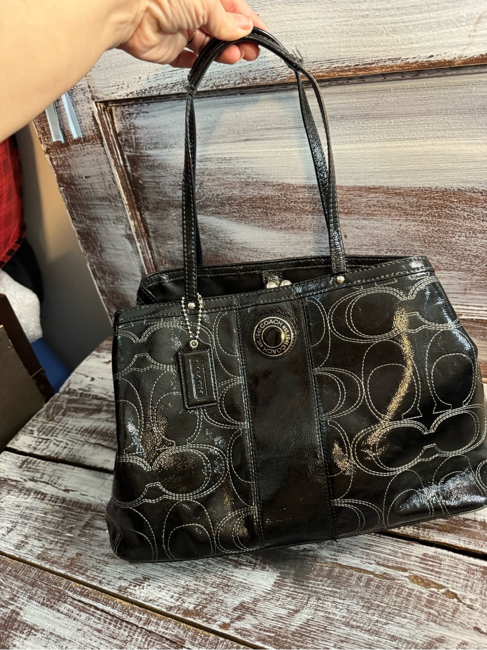 Coach Black Patent Signature Shoulder Tote